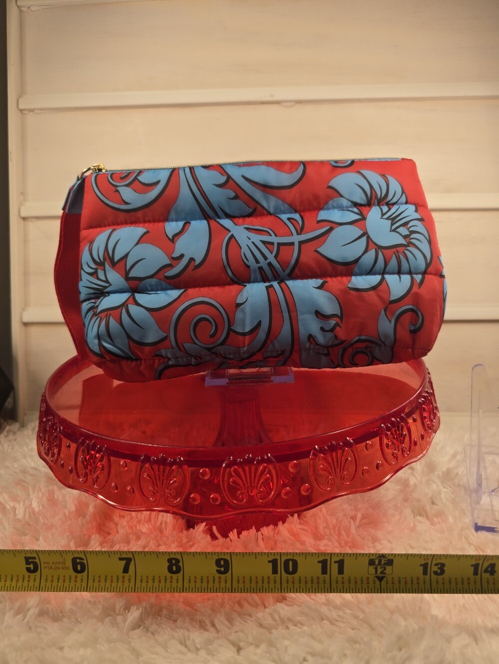 Red Quilted Floral makeup Bag with Blue Flower Print